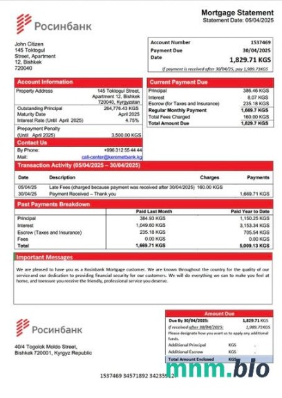 Kirgistan Bank Rosin wyciąg z kredytu hipotecznego szablon Word i PDF